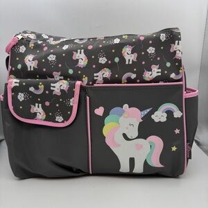Baby Boom Happy Unicorn & Rainbow Duffle Diaper Bag - Gray Print Pink Adjustable